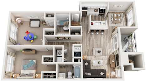 2 Bed 2 Bath Floor Plan | 1,000 Sq. Ft. at Hunters Chase Apartments, Midlothian, Virginia, 23112