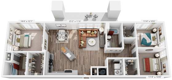 3 Bed 2 Bath Floor Plan | 1,386 Sq. Ft. at Livingston Flats Apartments, Chesterfield, Virginia, 23832