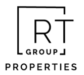A black and white image of a company logo for RT Group Properties.
