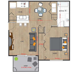 A floor plan of a one bedroom apartment with a balcony.