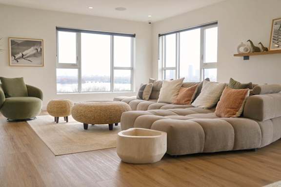A modern living room with a large sectional sofa and a green armchair.