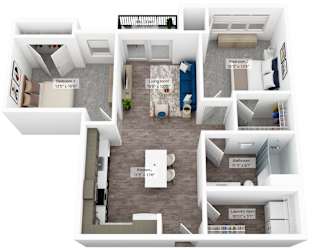a stylized 3d floor plan of a unit with a bedroom and living room