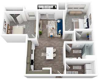 a stylized 3d floor plan of a unit with a bedroom and living room