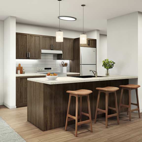 A modern kitchen with wooden stools and a bar area.