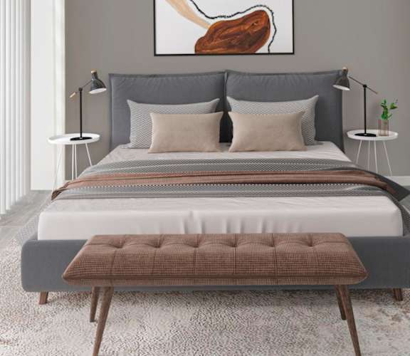 a bedroom with a bed and a ceiling fan in a 555 waverly unit at The Deco at 5211, Atlanta, Georgia, 30341