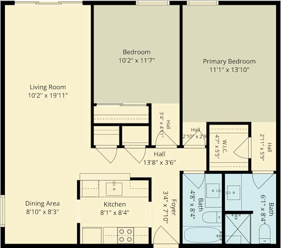 A floor plan of a small apartment with a living room, dining area, kitchen, and two bedrooms.