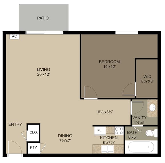 A floor plan for a one bedroom apartment with a living area, dining area, kitchen, bathroom, and bedroom.