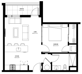 1 bed 1 bath floor plan J at Glassworks, Philadelphia, PA, 19122