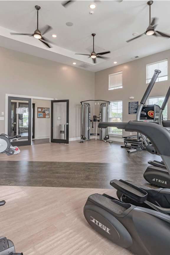 A spacious gym with treadmills, elliptical machines, and a television at Waterleaf at Neely Ferry Apartments, Simpsonville, SC 29680