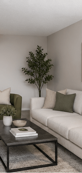 A modern living room with a white couch, a black coffee table, and a flat-screen TV.