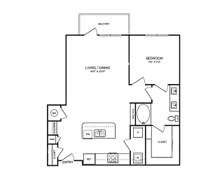 A floor plan of a house with a garage, living room, dining room, kitchen, and bathroom.