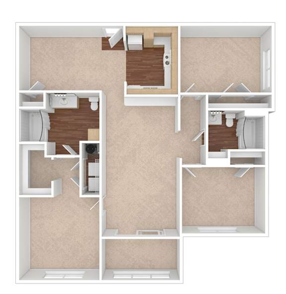 A floor plan of a house with a kitchen, living room, and two bedrooms.