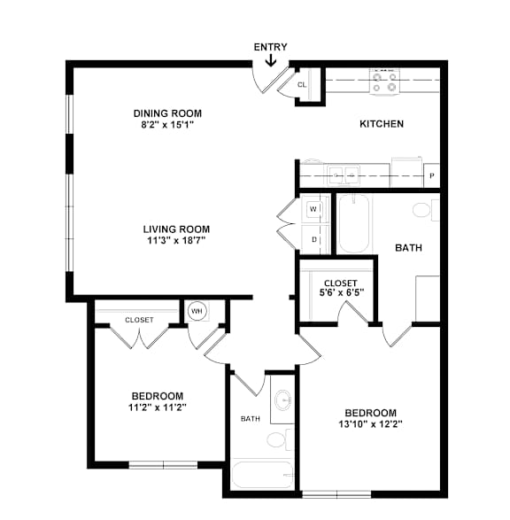 A floor plan of a home with a living room, dining room, kitchen, two bedrooms, a bath, and a closet.