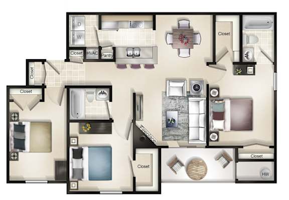 Holland (3 Bed / 2 Bath / Balcony or Patio) Floor Plan at Brittany Commons Apartments, Spotsylvania