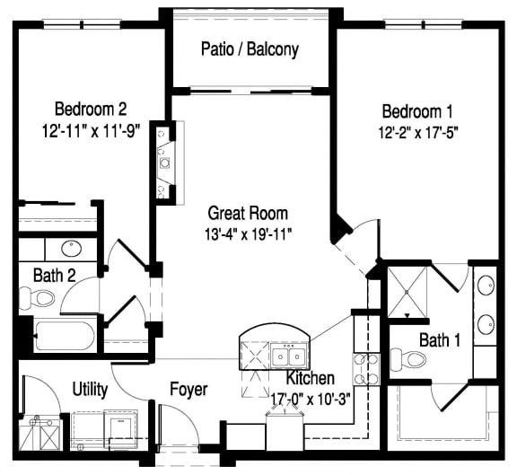 J Type 1 Floor Plan at Poplar Creek Apartments, Brookfield, Wisconsin