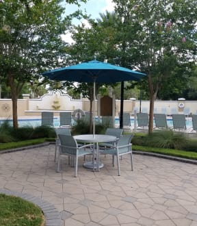Poolside table and umbrellas | Grandeville on Saxon