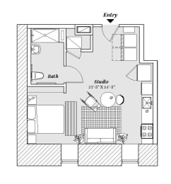 1 bed 1 bath A3 ADA Floor Plan at 99 Front, Memphis, Tennessee