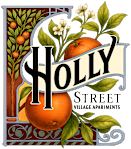 A poster for Holly Street Village Apartments features oranges and leaves.