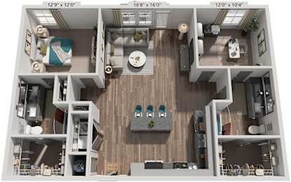 2 Bed 2 Bath Floor Plan | 1,216 Sq. Ft. at Livingston Flats Apartments, VA, 23832