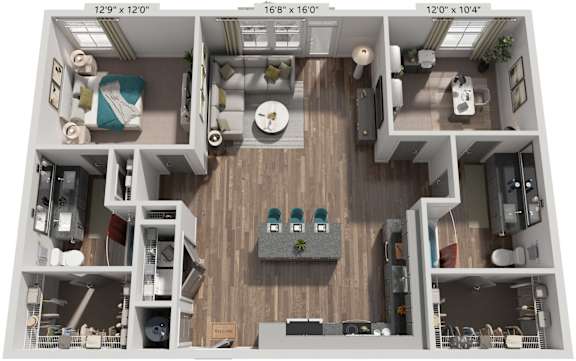 2 Bed 2 Bath Floor Plan | 1,216 Sq. Ft. at Livingston Flats Apartments, VA, 23832
