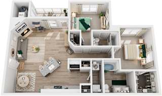 2 Bed 2 Bath Floor Plan | 1,070 Sq. Ft.  at SomerHill Farms Apartments, Gainesville 20155