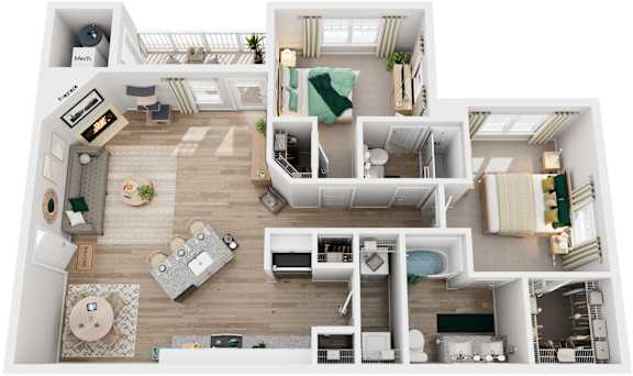 2 Bed 2 Bath Floor Plan | 1,070 Sq. Ft.  at SomerHill Farms Apartments, Gainesville 20155