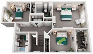 A 3D rendered image of a house layout.