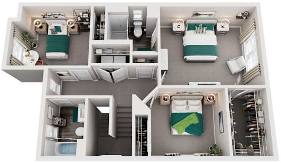 A 3D rendered image of a house layout.