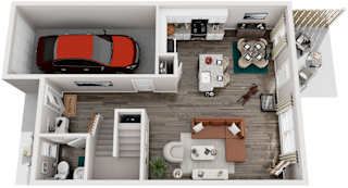 A top down view of a small apartment with a red car in the garage.