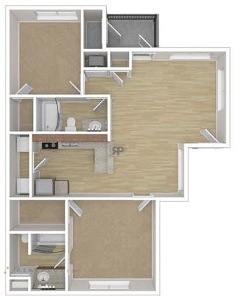 2 Bedroom 2 Bathroom Floor Plan at Las Villas De Leon Apartments, San Antonio, TX, 78227