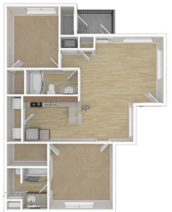 2 Bedroom 2 Bathroom 1016 Sqft Floor Plan at Las Villas De Leon Apartments, San Antonio, 78227