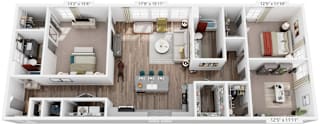 3 Bed 2 Bath Floor Plan | 1,440 Sq. Ft. at Livingston Flats Apartments, Virginia, 23832