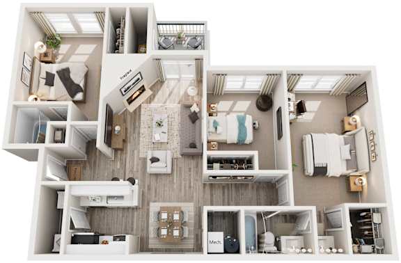 3 Bed 2 Bath Floor Plan | 1,100 Sq. Ft. at Hunters Chase Apartments, Virginia 23112