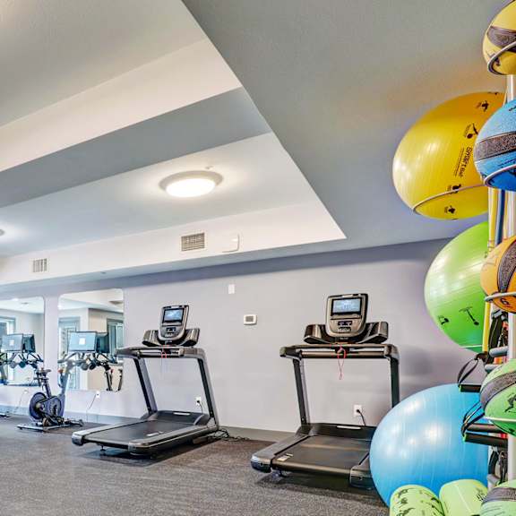the preserve at ballantyne commons fitness room with weights and balloons
