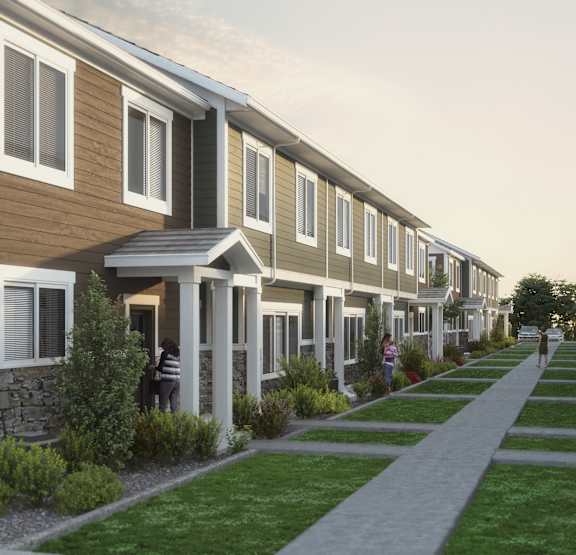 a rendering of a row of townhomes with a sidewalk and grass at Calla Homes in Milcreek, UT