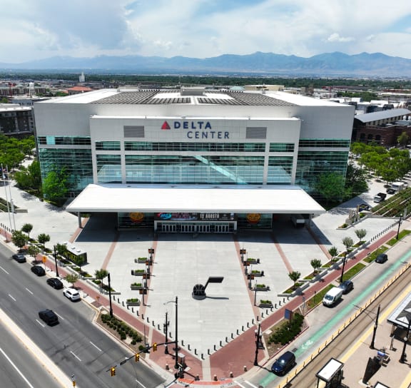 an aerial view of the delta center in the city