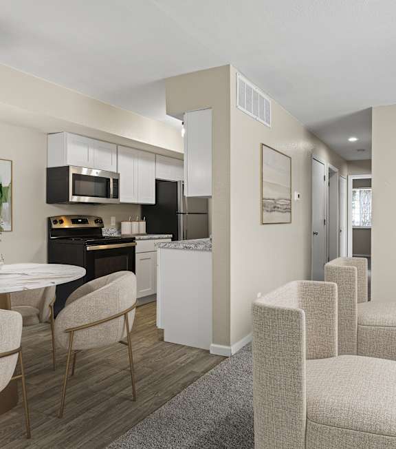 A living room with white doors