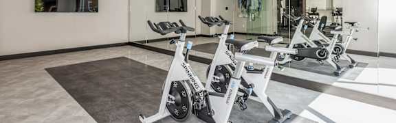 A gym with a mirrored wall and a fan.