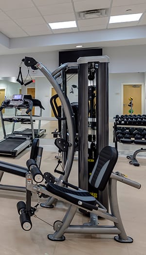 a gym with cardio equipment and weights at East Meadows Apartments