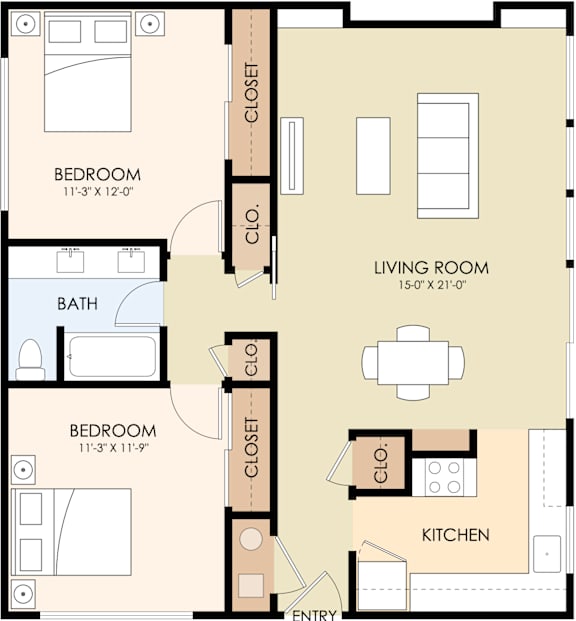 A floor plan of a 1280 square foot, two-bedroom, one-bathroom apartment.
