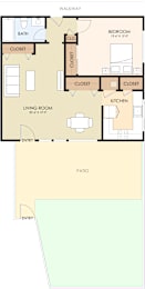 A floor plan of a two-bedroom apartment with a living room, kitchen, and bathroom.