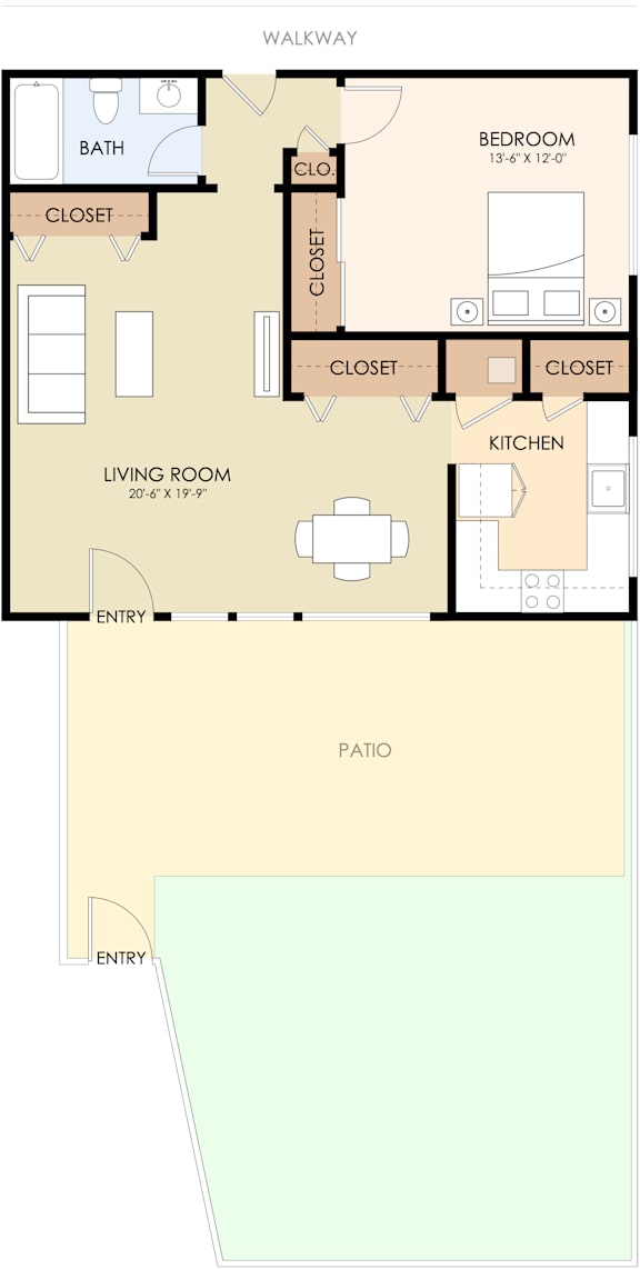 A floor plan of a two-bedroom apartment with a living room, kitchen, and bathroom.