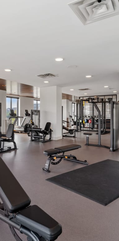 a large fitness room with exercise equipment and a view of the ocean