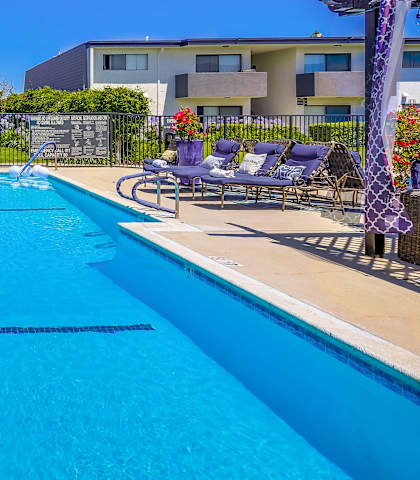 A large blue swimming pool surrounded by lounge chairs and umbrellas.