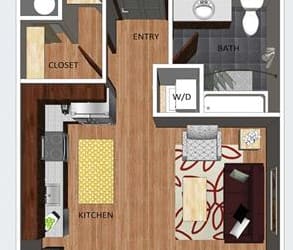 Soho studio one bathroom floor plan at The Flats at 84