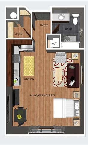 Soho studio one bathroom floor plan at The Flats at 84