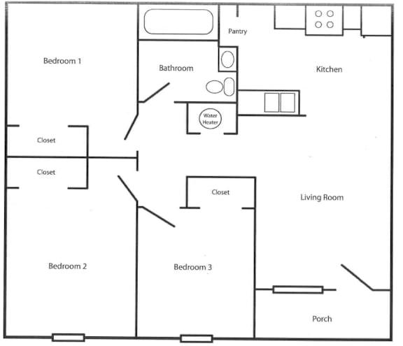A floor plan of a house with three bedrooms, a living room, kitchen, bathroom, pantry, closets, and a porch.