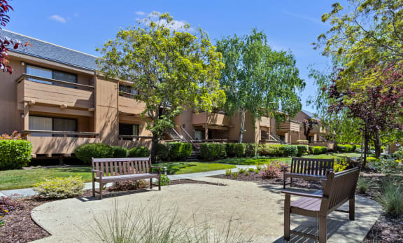 two benches in a courtyard with trees and buildings in the background