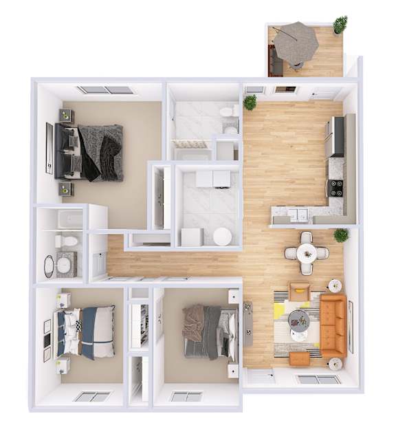 A floor plan of a house with a kitchen, living room, and two bedrooms.