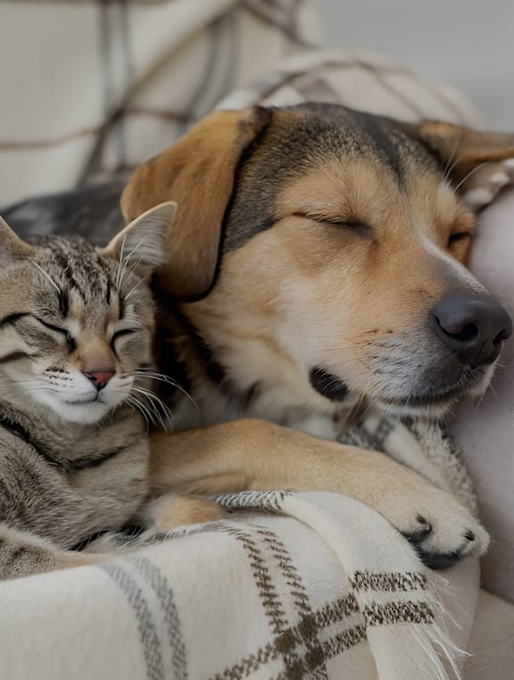 A cat and a dog are sleeping together on a couch.